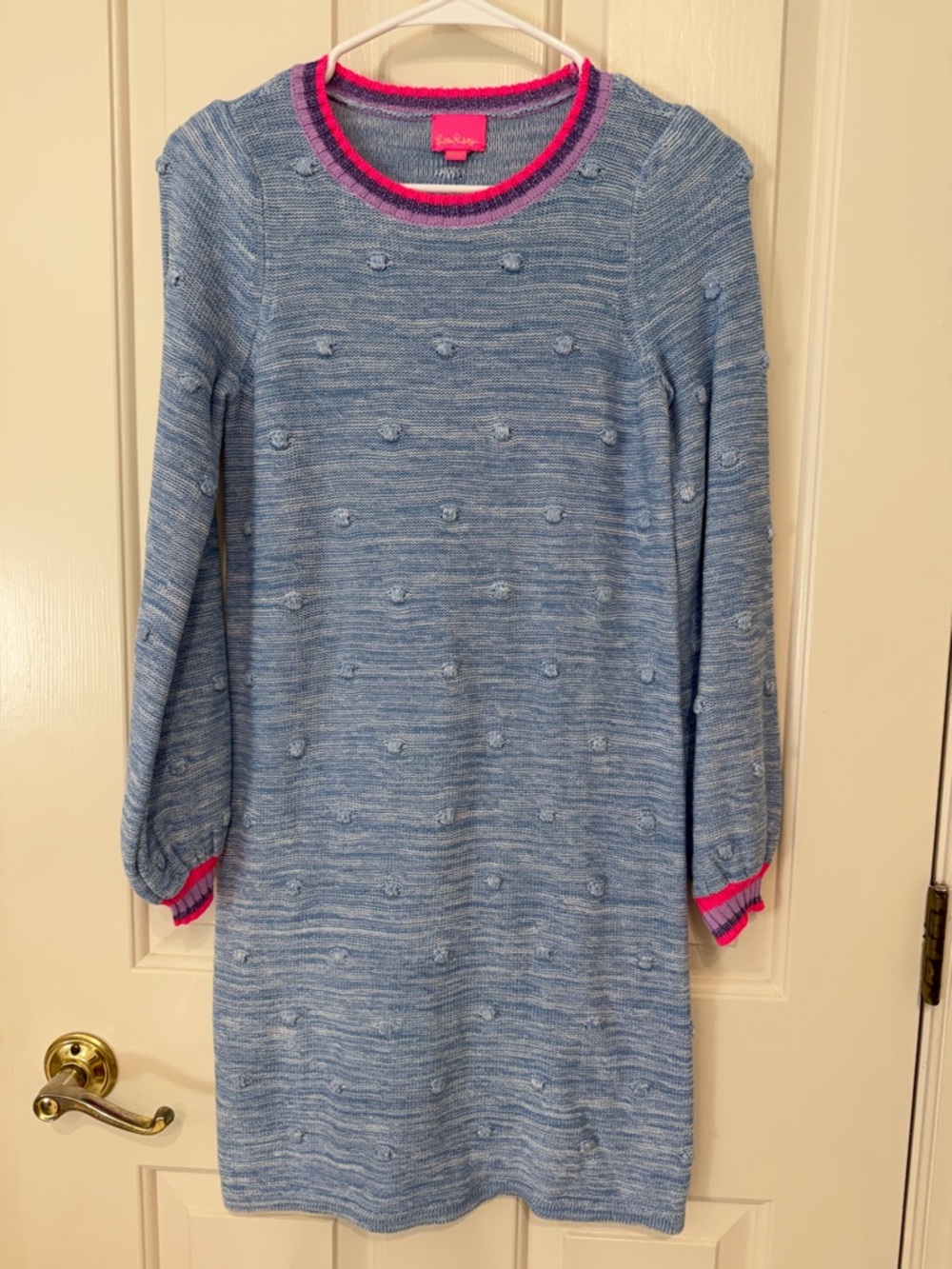 Like New XL Lilly Pulitzer Girls' Blue Knit Pom-Pom Sweater Dress with Pink Trim
